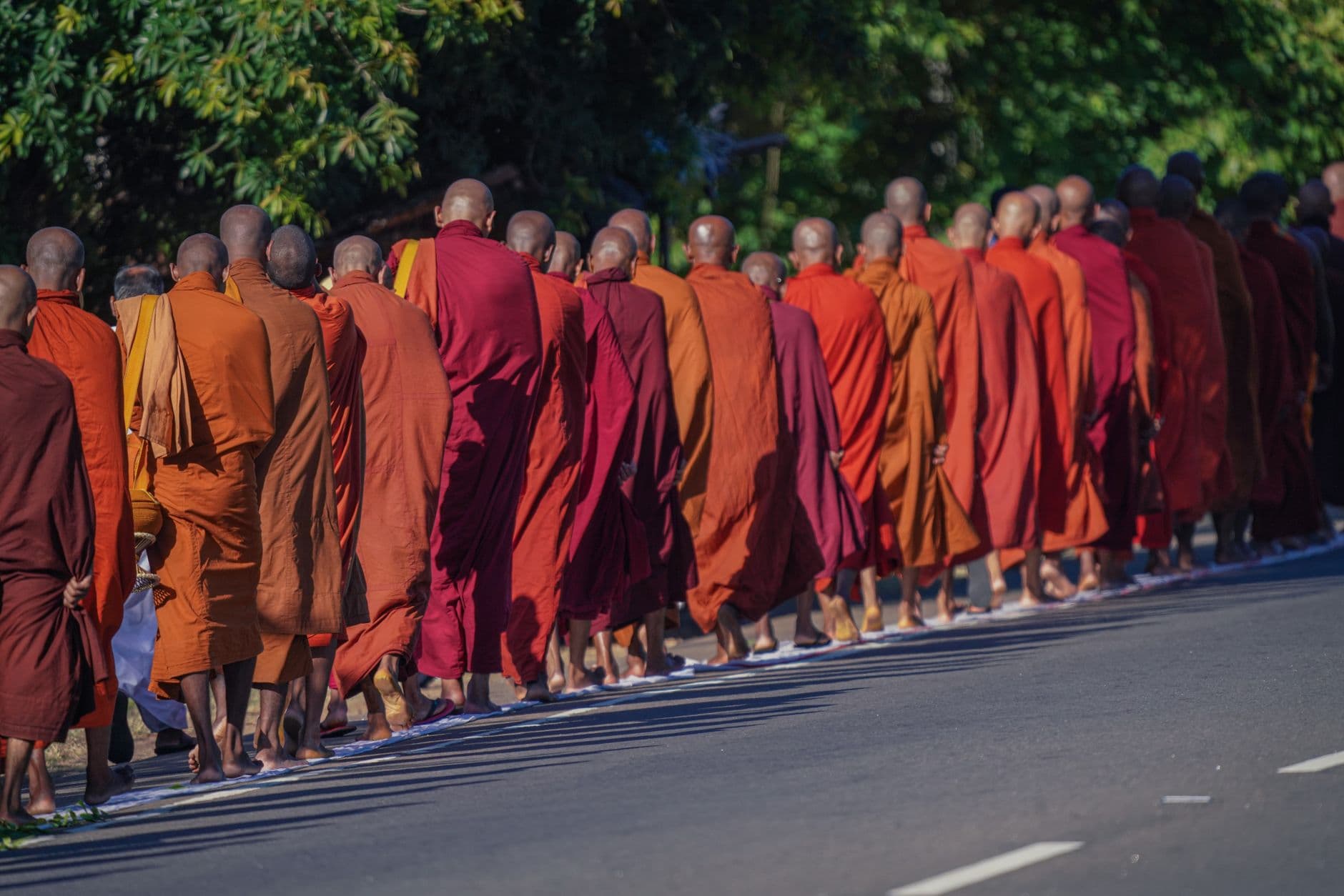 แถวพระสงฆ์เดินบิณฑบาตรับของถวายตอนเช้าตรู่